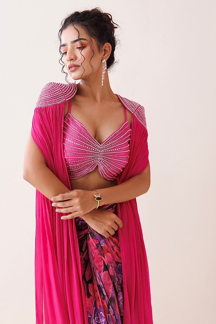 Hot Pink Georgette Cutdana Embroidered Long Shrug Set by Kisakshi Jaipur at Pernia's Pop Up Shop