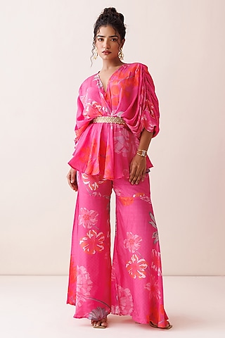Pink Crepe Floral Printed Sharara Set by Kisakshi Jaipur