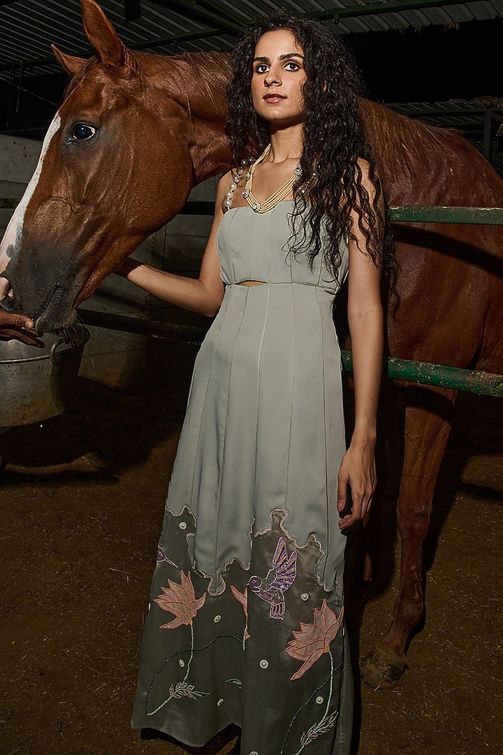 Sage Green Premium Crepe Panelled A-line Vacation Dress by Love Kiki at Pernia's Pop Up Shop