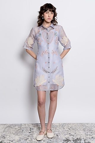 Powder Blue Silk Organza Embroidered Shirt Dress by Love Kiki