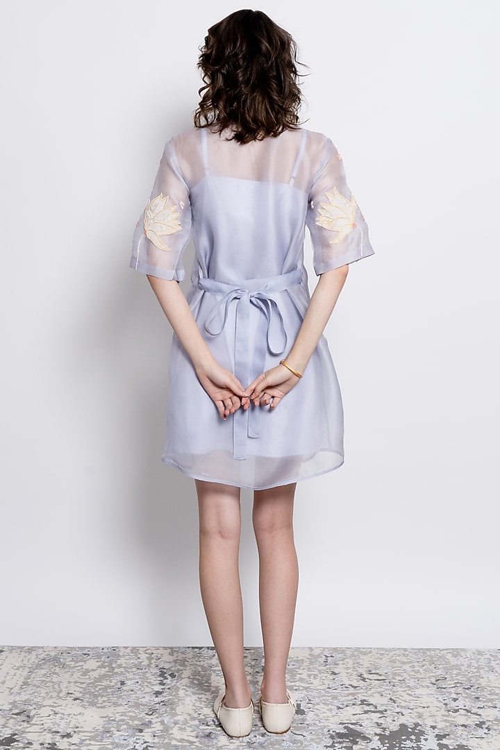 Powder Blue Silk Organza Embroidered Vacation Shirt Dress by Love Kiki at Pernia's Pop Up Shop