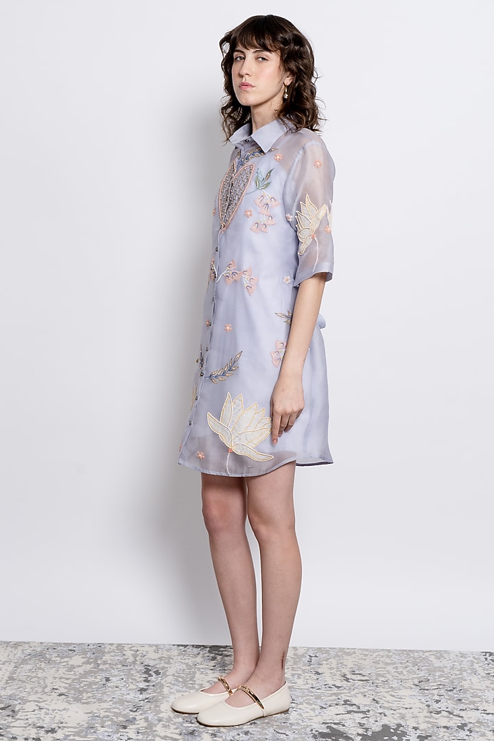 Powder Blue Silk Organza Embroidered Vacation Shirt Dress by Love Kiki at Pernia's Pop Up Shop