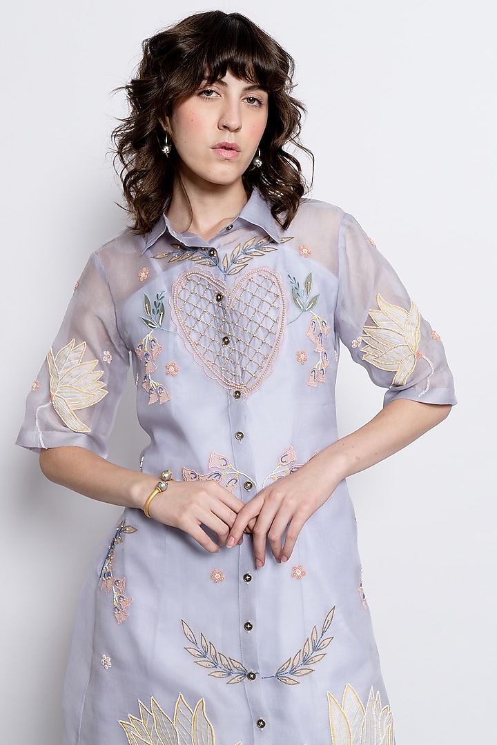 Powder Blue Silk Organza Embroidered Vacation Shirt Dress by Love Kiki at Pernia's Pop Up Shop