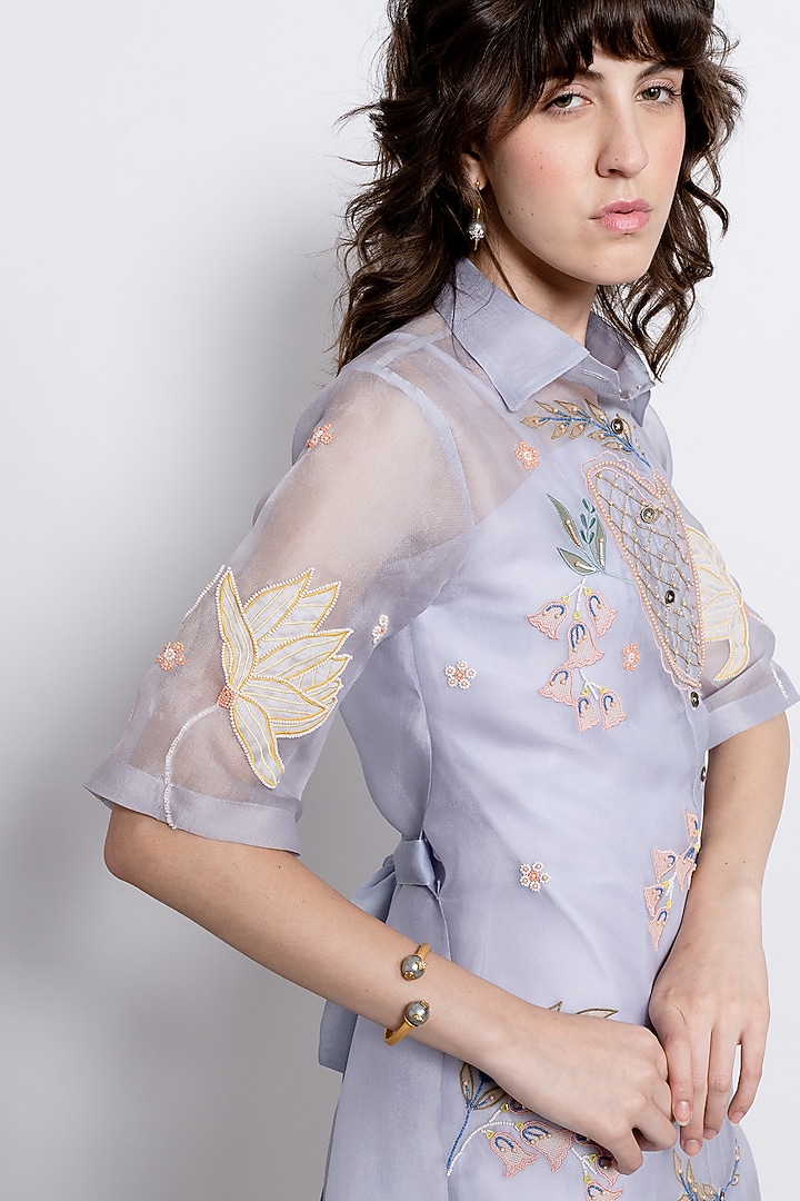 Powder Blue Silk Organza Embroidered Vacation Shirt Dress by Love Kiki at Pernia's Pop Up Shop