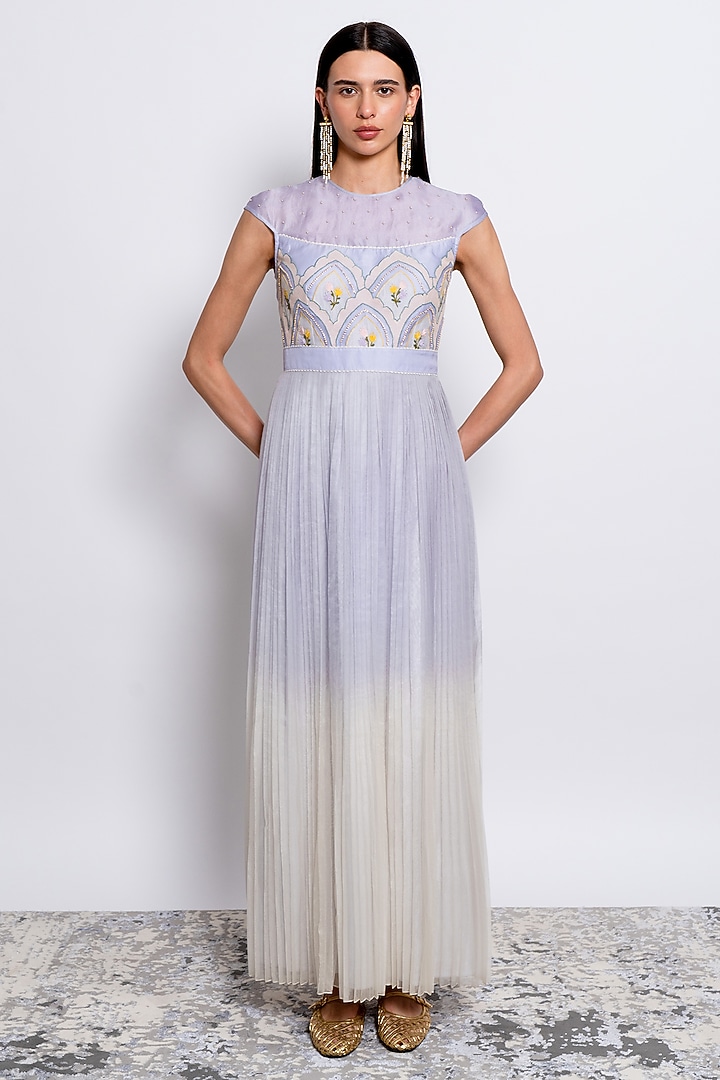 Powder Blue Silk Organza Embroidered Pleated Party Wear Gown by Love Kiki at Pernia's Pop Up Shop