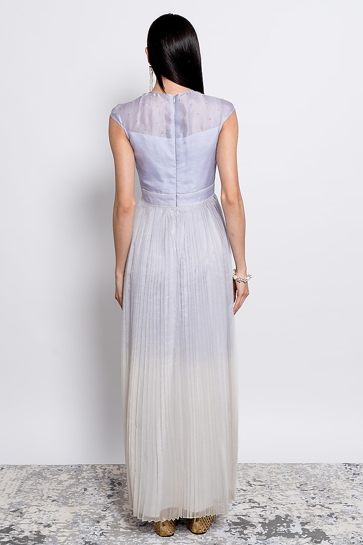 Powder Blue Silk Organza Embroidered Pleated Party Wear Gown by Love Kiki at Pernia's Pop Up Shop
