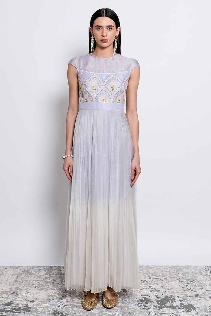Powder Blue Silk Organza Embroidered Pleated Party Wear Gown by Love Kiki at Pernia's Pop Up Shop