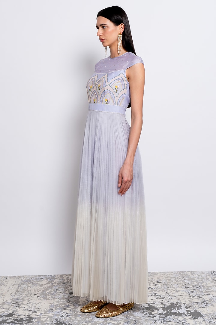 Powder Blue Silk Organza Embroidered Pleated Party Wear Gown by Love Kiki at Pernia's Pop Up Shop
