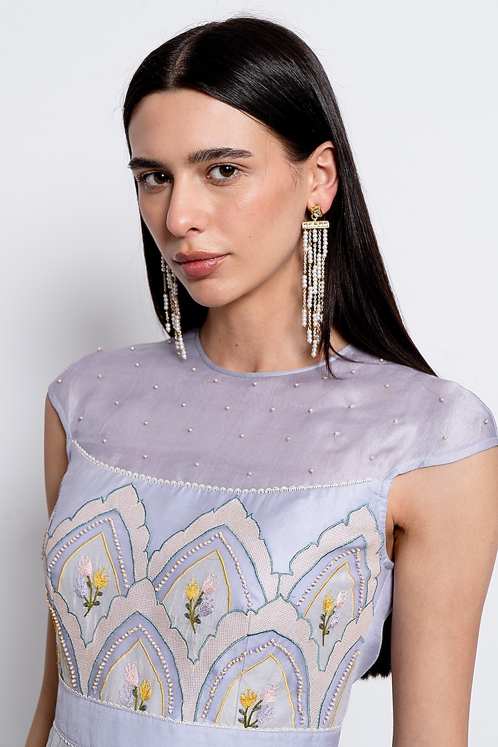 Powder Blue Silk Organza Embroidered Pleated Party Wear Gown by Love Kiki at Pernia's Pop Up Shop