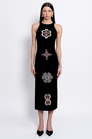 Black Premium Crepe & Shantoon Embroidered Dress by Love Kiki