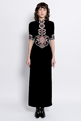 Black Premium Crepe & Shantoon Embroidered Gown by Love Kiki