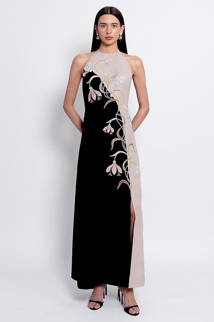 Black & Fawn Premium Crepe Embroidered Engagement Gown by Love Kiki at Pernia's Pop Up Shop