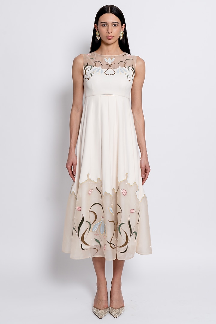 Ivory Premium Crepe & Silk Organza Embroidered Vacation Dress by Love Kiki at Pernia's Pop Up Shop