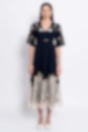 Navy Blue Premium Crepe & Silk Organza Embroidered Vacation Dress by Love Kiki at Pernia's Pop Up Shop