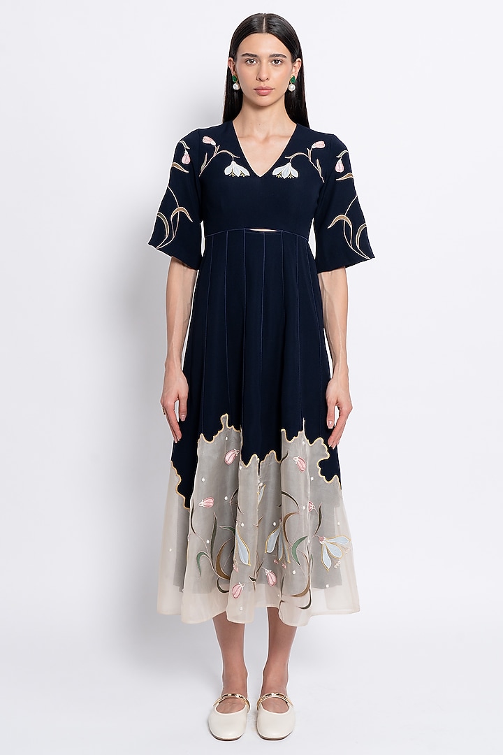 Navy Blue Premium Crepe & Silk Organza Embroidered Vacation Dress by Love Kiki at Pernia's Pop Up Shop