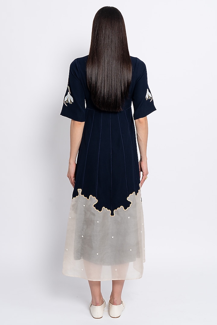 Navy Blue Premium Crepe & Silk Organza Embroidered Vacation Dress by Love Kiki at Pernia's Pop Up Shop