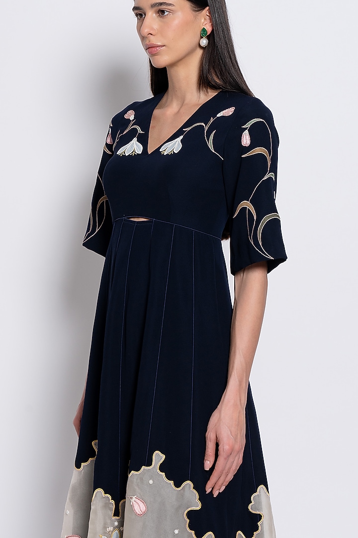 Navy Blue Premium Crepe & Silk Organza Embroidered Vacation Dress by Love Kiki at Pernia's Pop Up Shop