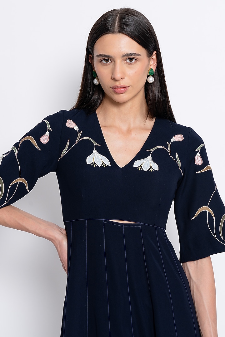 Navy Blue Premium Crepe & Silk Organza Embroidered Vacation Dress by Love Kiki at Pernia's Pop Up Shop