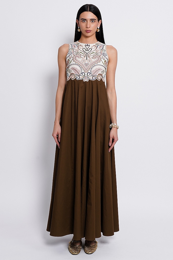 Ivory & Deep Brown Premium Crepe Hand Embroidered Vacation Dress by Love Kiki at Pernia's Pop Up Shop
