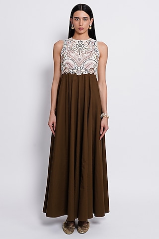 Ivory & Deep Brown Premium Crepe Hand Embroidered Dress by Love Kiki
