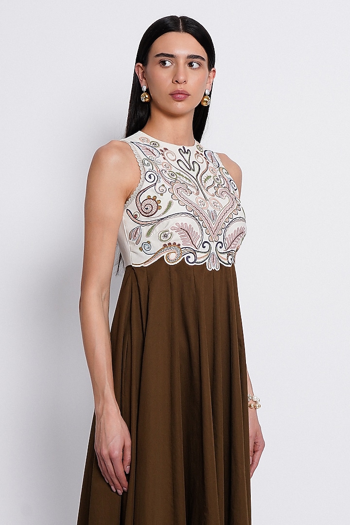 Ivory & Deep Brown Premium Crepe Hand Embroidered Vacation Dress by Love Kiki at Pernia's Pop Up Shop