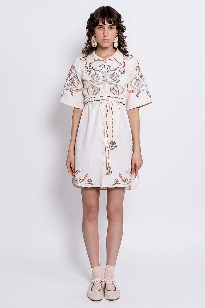 Ivory Tencel Hand Embroidered Vacation Shirt Dress by Love Kiki at Pernia's Pop Up Shop