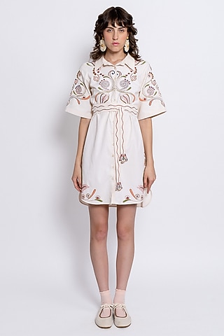 Ivory Tencel Hand Embroidered Shirt Dress by Love Kiki