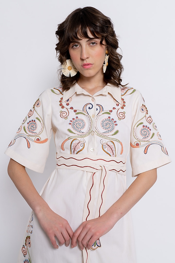 Ivory Tencel Hand Embroidered Vacation Shirt Dress by Love Kiki at Pernia's Pop Up Shop