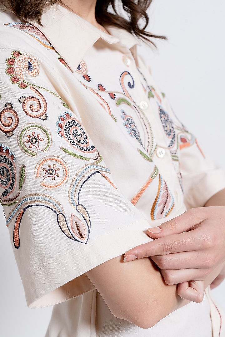 Ivory Tencel Hand Embroidered Vacation Shirt Dress by Love Kiki at Pernia's Pop Up Shop