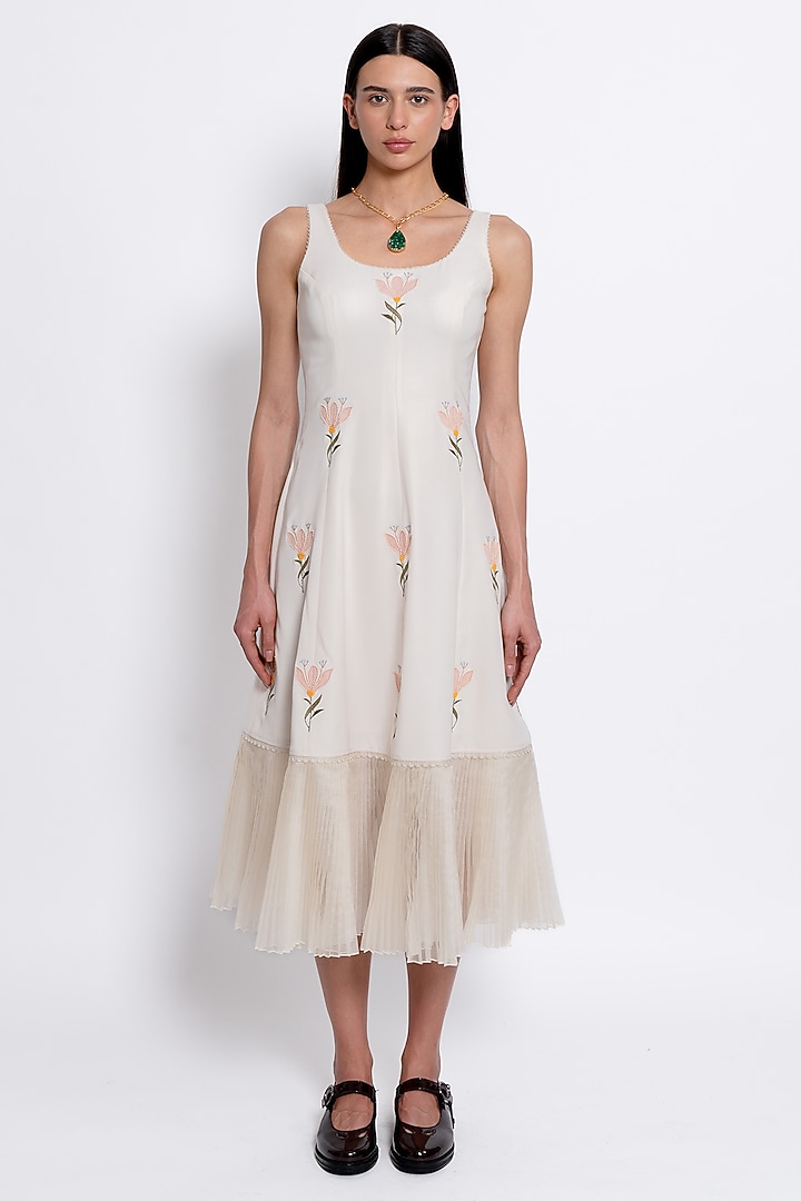 Ivory Premium Crepe & Organza Floral Embroidered Vacation Dress by Love Kiki at Pernia's Pop Up Shop