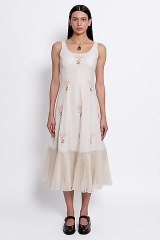 Ivory Premium Crepe & Organza Floral Embroidered Dress by Love Kiki