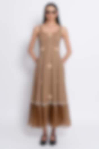 Brown Tencel & Organza Floral Embroidered Vacation Dress by Love Kiki at Pernia's Pop Up Shop