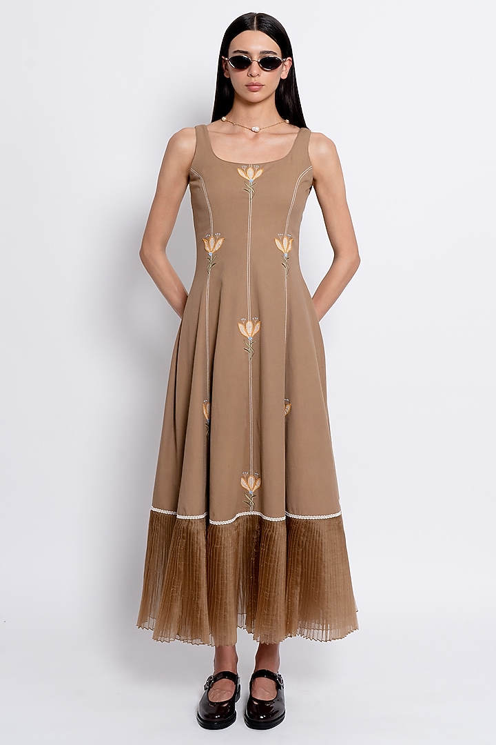 Brown Tencel & Organza Floral Embroidered Vacation Dress by Love Kiki at Pernia's Pop Up Shop