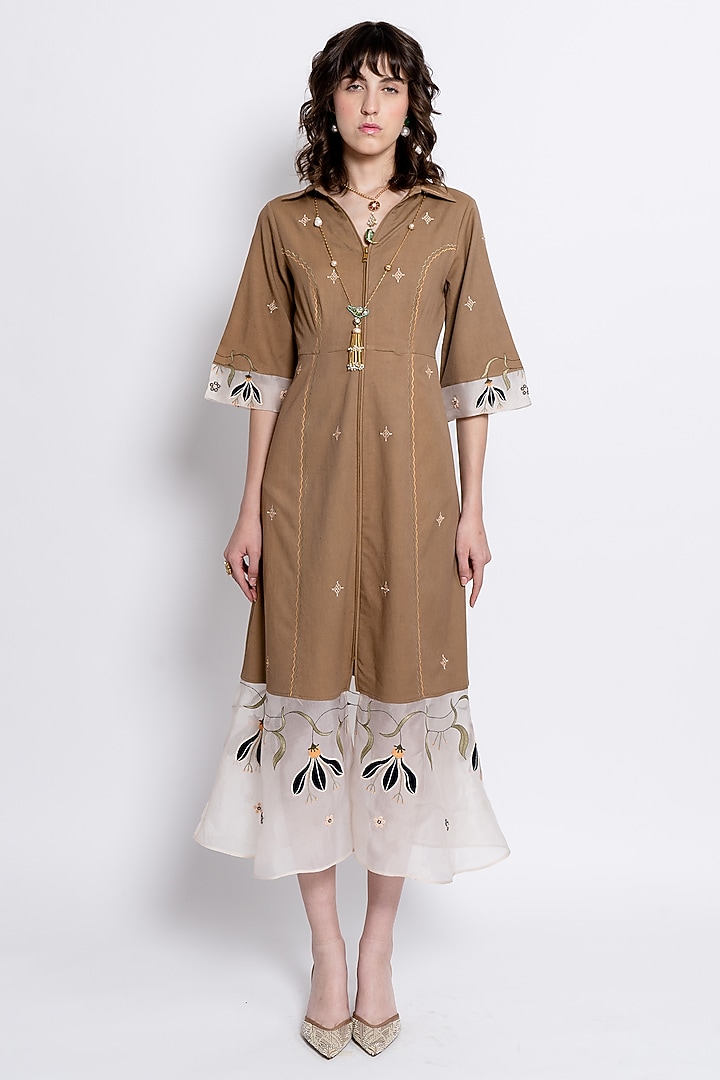 Brown Tencel & Silk Organza Embroidered Vacation Dress by Love Kiki at Pernia's Pop Up Shop