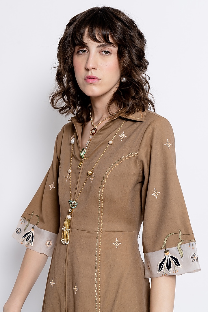 Brown Tencel & Silk Organza Embroidered Vacation Dress by Love Kiki at Pernia's Pop Up Shop