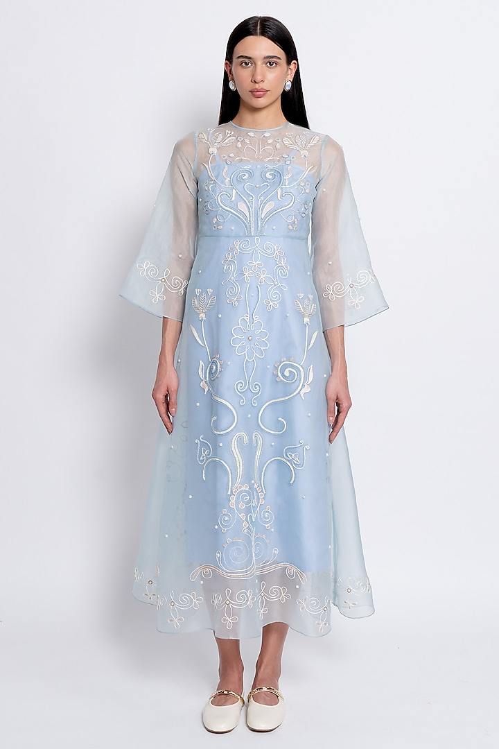 Light Blue Silk Organza & Cotton Satin Lycra Hand Embroidered Vacation Dress by Love Kiki at Pernia's Pop Up Shop