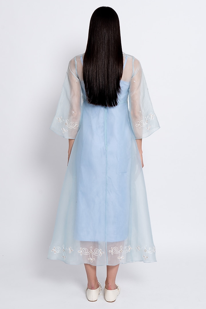 Light Blue Silk Organza & Cotton Satin Lycra Hand Embroidered Vacation Dress by Love Kiki at Pernia's Pop Up Shop