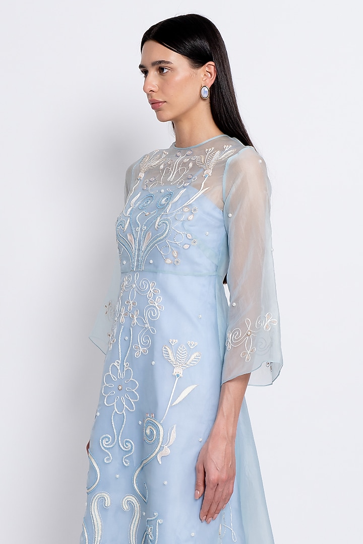 Light Blue Silk Organza & Cotton Satin Lycra Hand Embroidered Vacation Dress by Love Kiki at Pernia's Pop Up Shop