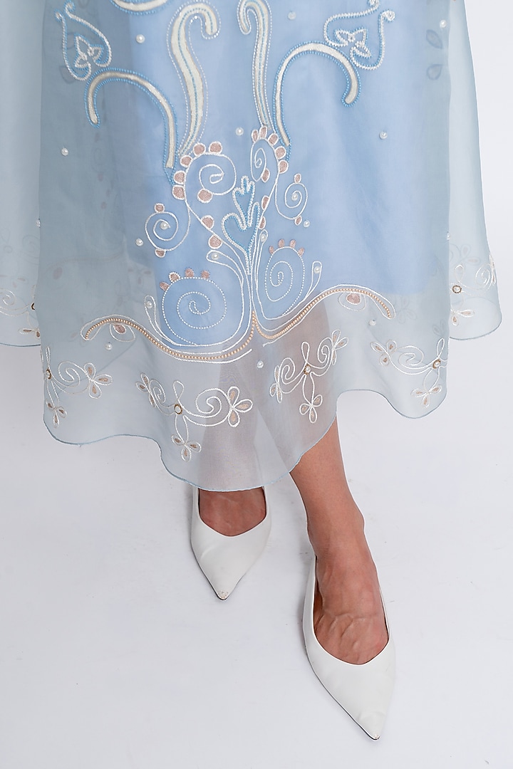 Light Blue Silk Organza & Cotton Satin Lycra Hand Embroidered Vacation Dress by Love Kiki at Pernia's Pop Up Shop