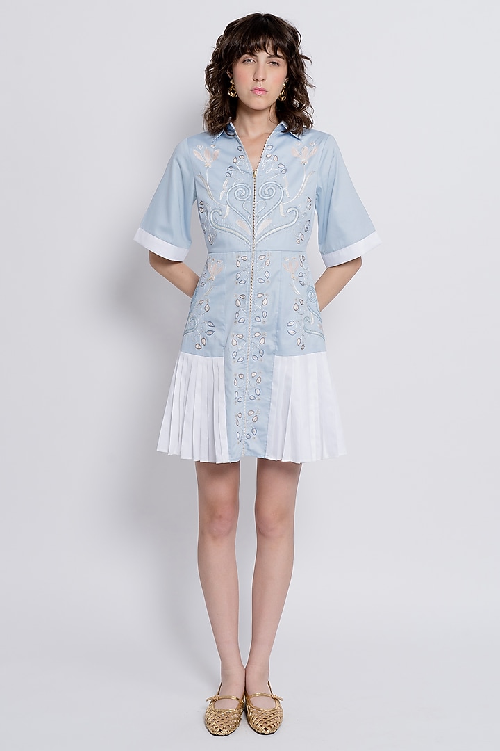Powder Blue Egyptian Cotton Embroidered Vacation Shirt Dress by Love Kiki at Pernia's Pop Up Shop
