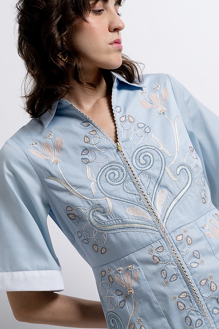Powder Blue Egyptian Cotton Embroidered Vacation Shirt Dress by Love Kiki at Pernia's Pop Up Shop