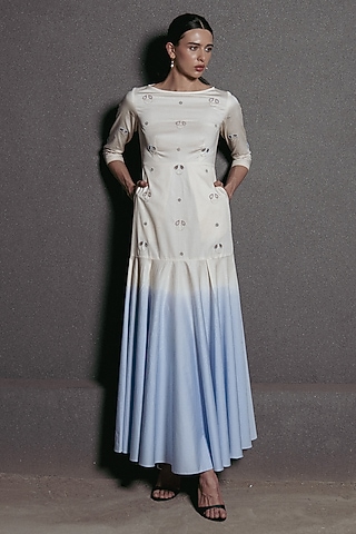 Ivory & Blue Egyptian Cotton Embroidered Ombre Dress by Love Kiki
