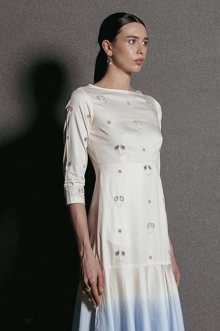 Ivory & Blue Egyptian Cotton Embroidered Ombre Vacation Dress by Love Kiki at Pernia's Pop Up Shop