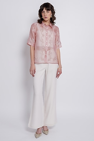 Light Pink Silk Organza Embroidered Co-Ord Set by Love Kiki