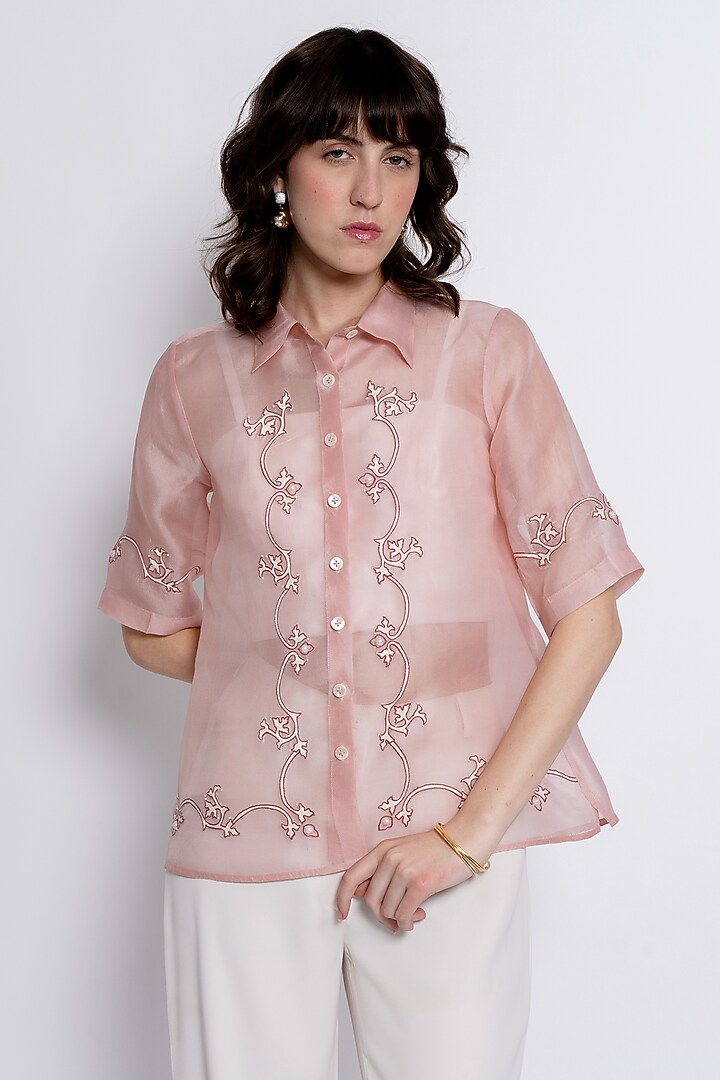 Light Pink Silk Organza Embroidered Co-Ord Set by Love Kiki at Pernia's Pop Up Shop