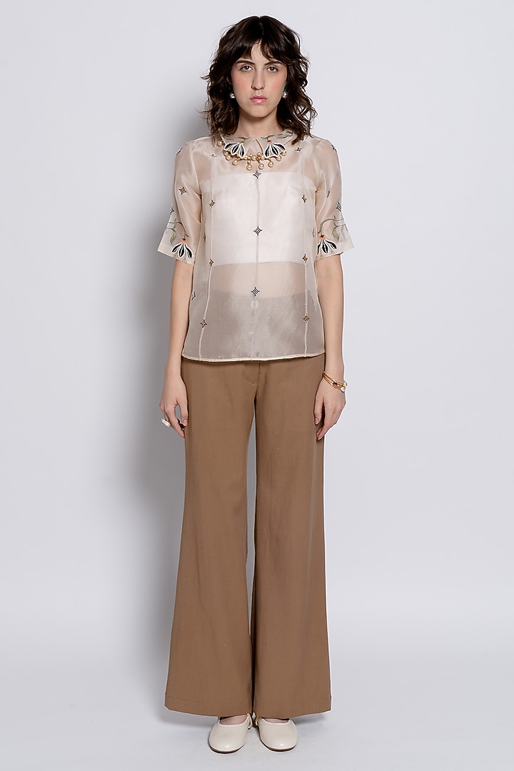 Ivory & Brown Silk Organza Embroidered Co-Ord Set by Love Kiki at Pernia's Pop Up Shop