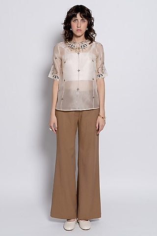 Ivory & Brown Silk Organza Embroidered Co-Ord Set by Love Kiki