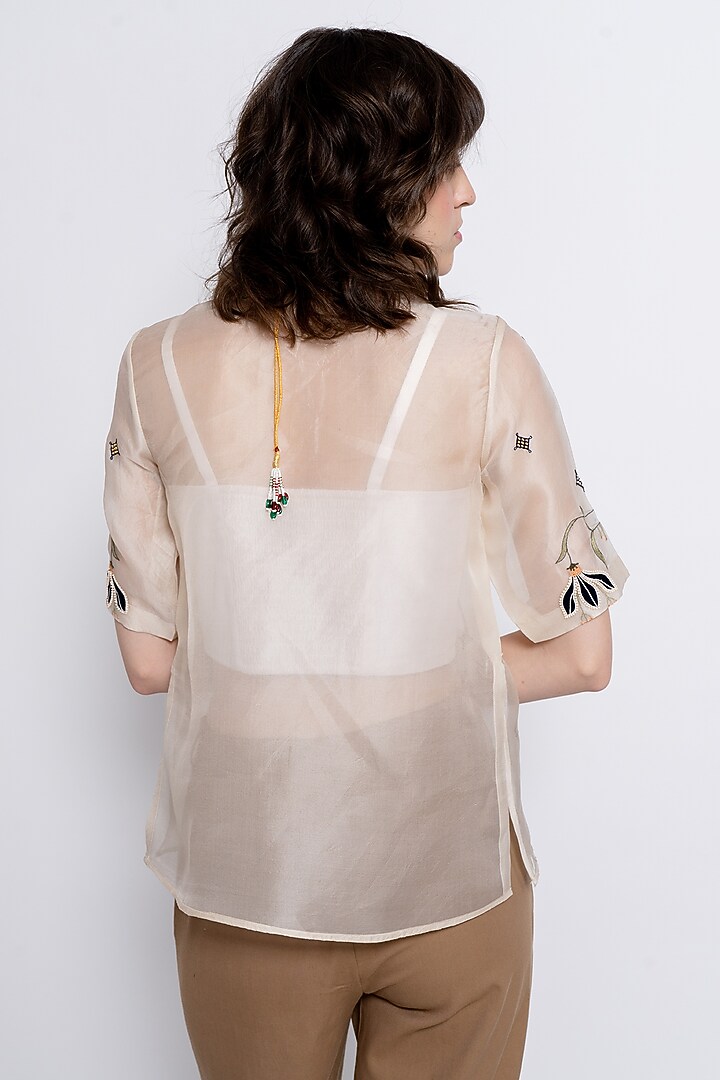 Ivory & Brown Silk Organza Embroidered Co-Ord Set by Love Kiki at Pernia's Pop Up Shop