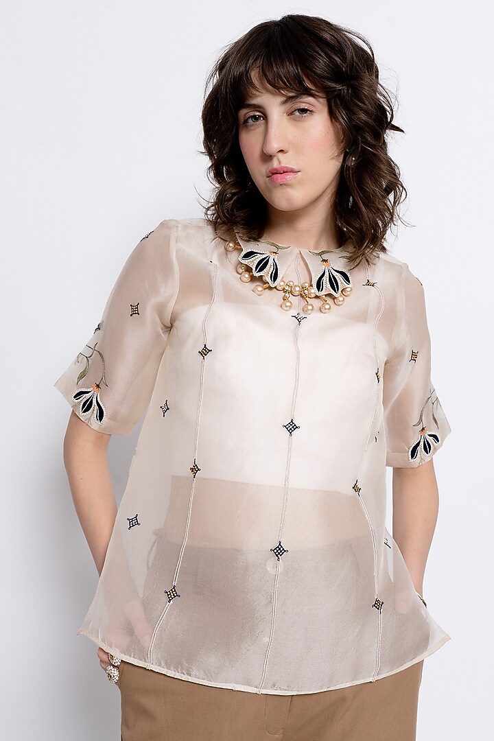 Ivory & Brown Silk Organza Embroidered Co-Ord Set by Love Kiki at Pernia's Pop Up Shop