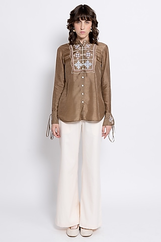 Brown & Ivory Viscose Embroidered Co-Ord Set by Love Kiki